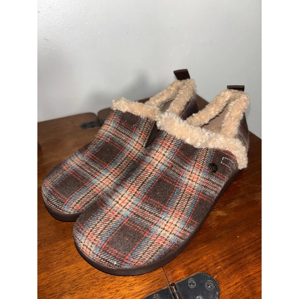 Alegria Slipper Shoes Womens 8 Brown Plaid Faux Fur Lined Slip Resistant Comfort - Picture 2 of 8
